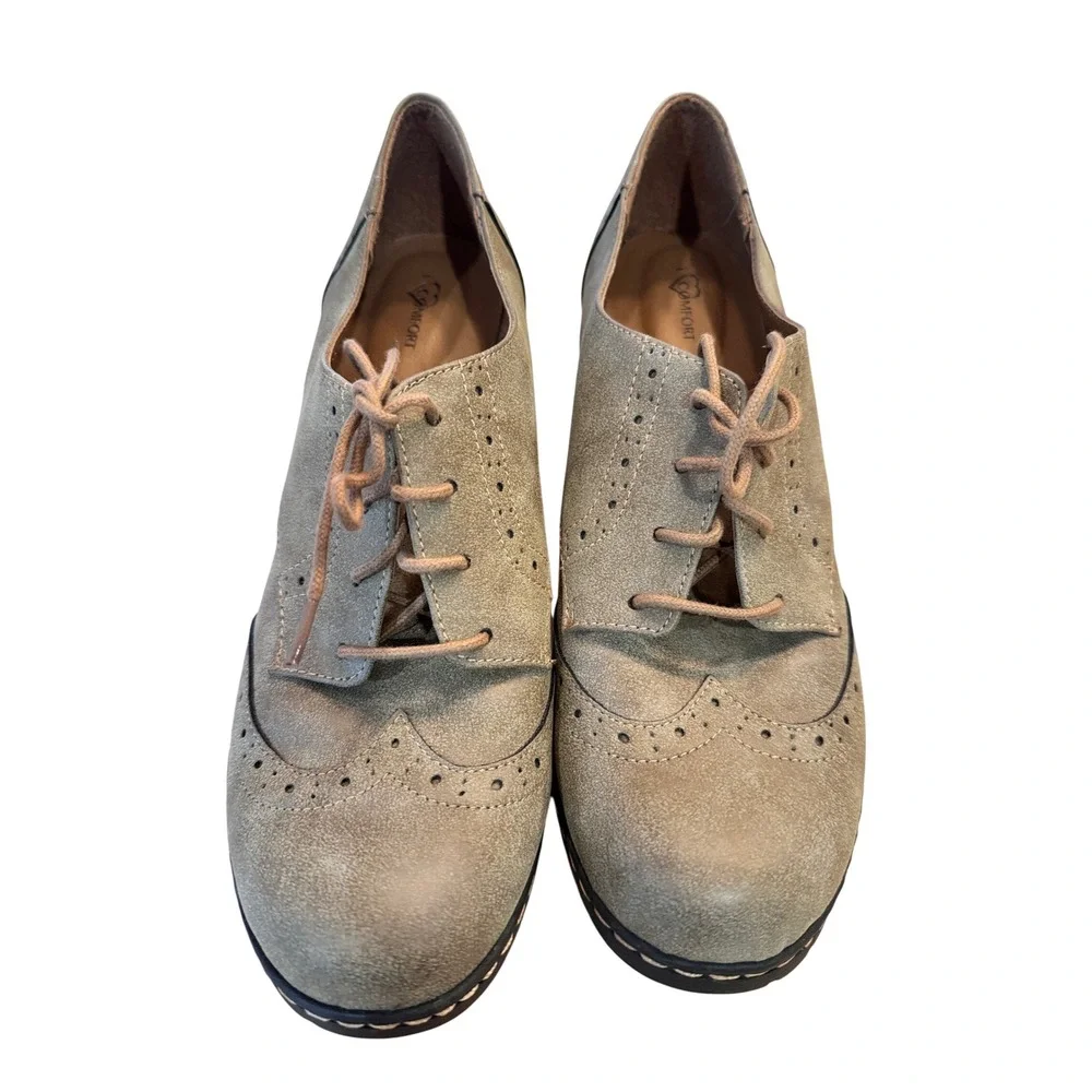 iComfort Women's Tan Suede Lace Up‎ Wingtip Block Heel Oxford Shoes Size 10